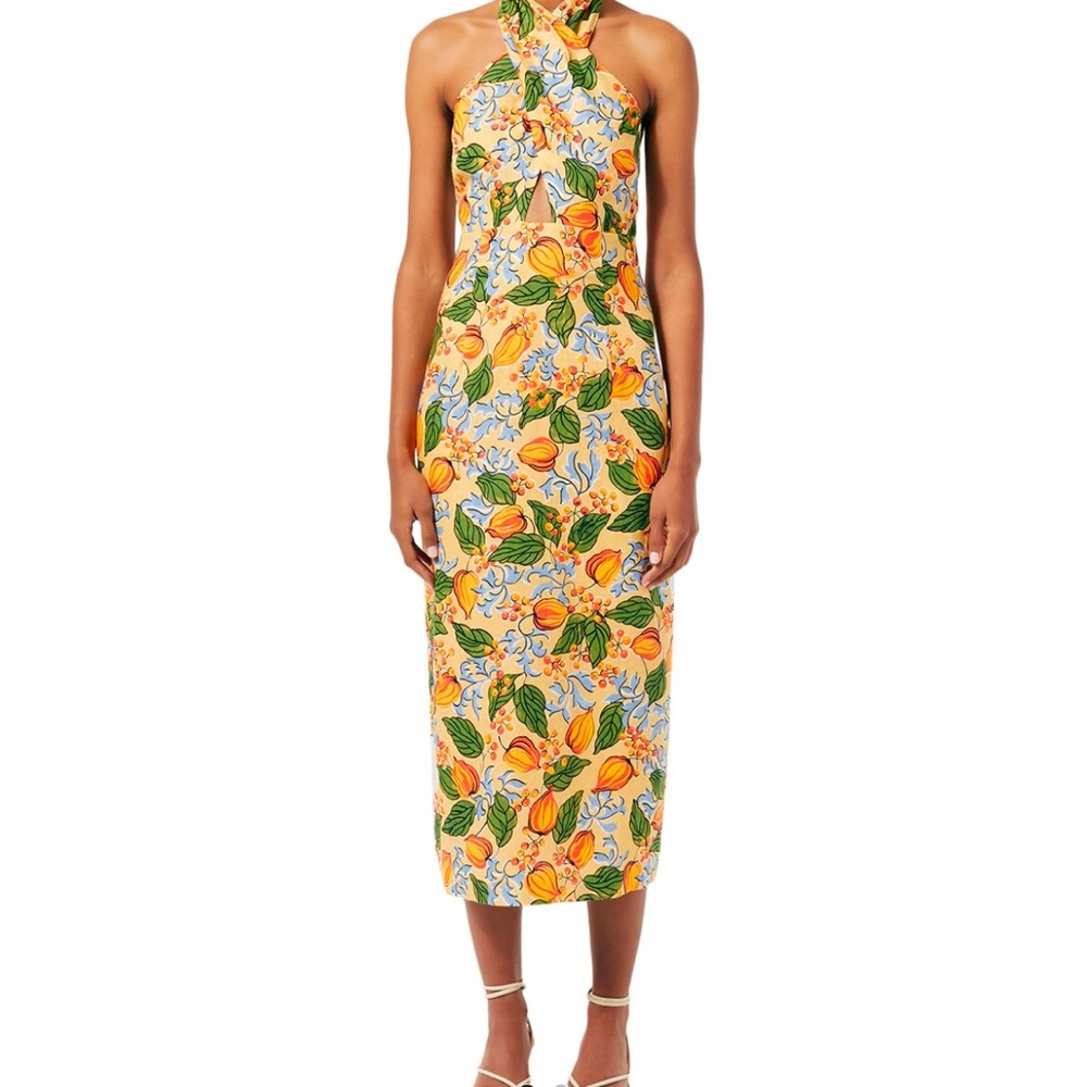 Linen Yellow and Green Sheath Dress with Halter Neckline RHODE ANTHROPOLOGIE